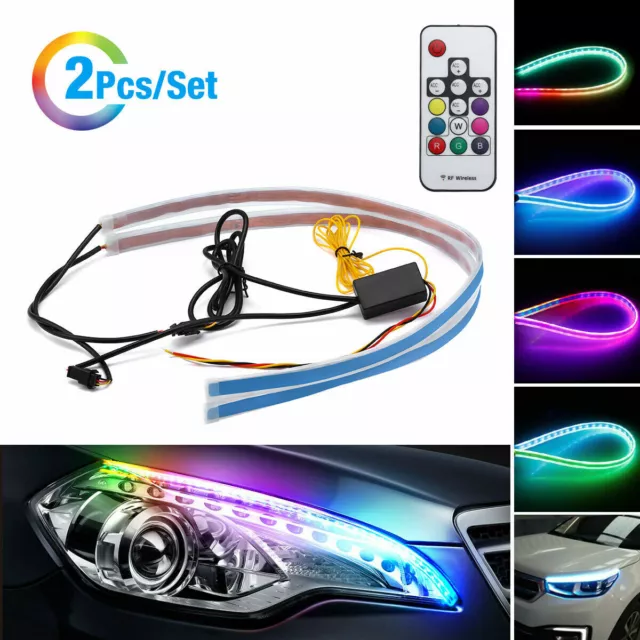 RGB Sequential Flexible LED DRL Turn Signal Strip Remote For Headlight 2x 60cm