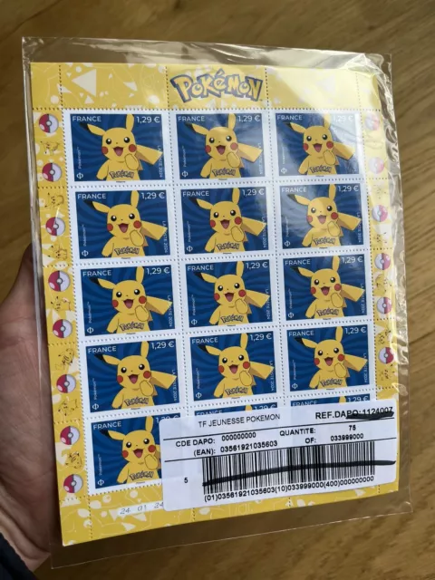 💫Pokemon - 5 Planches SCELLÉES de 15 timbres collector -édition limitée/pikachu