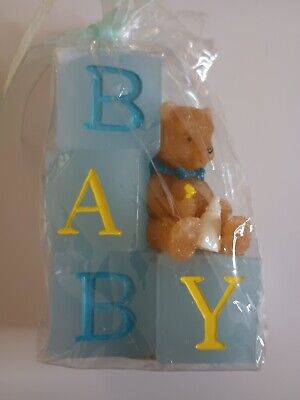 Botón bebé con bloques de velas azul oso de peluche biberón 3,5" tapa para pastel