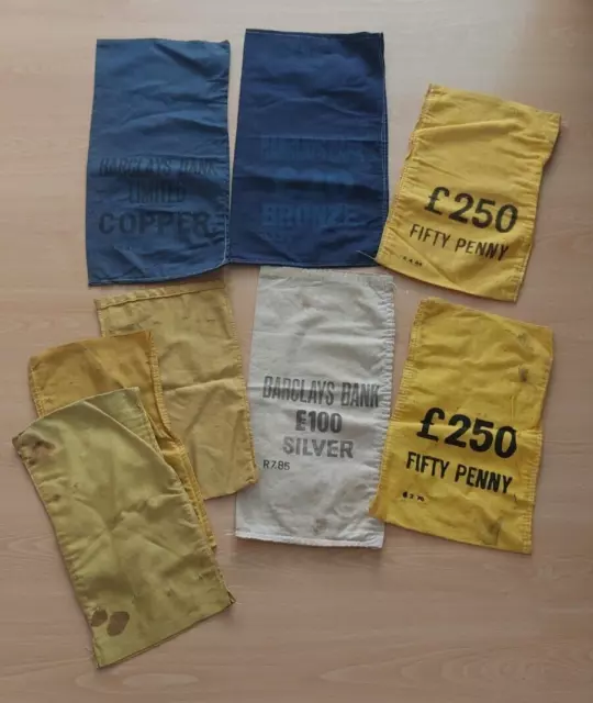 8 Old Canvas UK Bank Money Bags. Used and unwashed