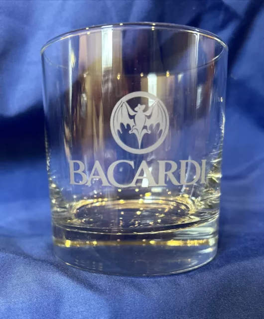 Bacardi Rum Cocktail Rocks Lowball Glass Etched Bat Logo Design Barware