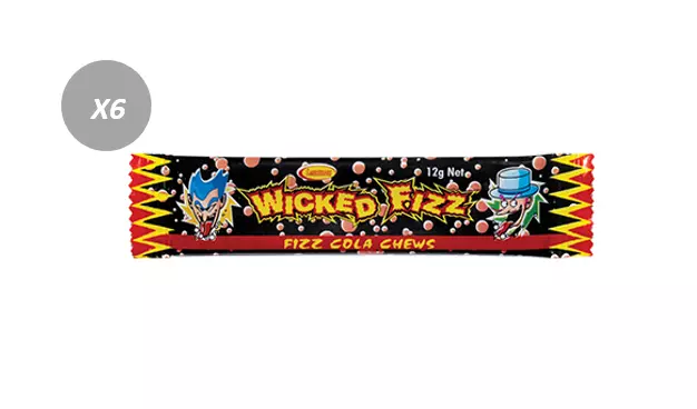 900570 6 x 12g BARS WICKED FIZZ CHEWS COLA FLAVOURED SHERBET SOUR LOLLY CANDY