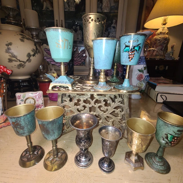 Vintage Israel Hakuli Kiddush Brass And Silver Handpainted Goblets Chalice (Lot)