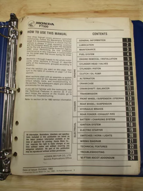 Genuine 1982-83 Honda FT500 Ascot OEM Service Shop Repair Manual