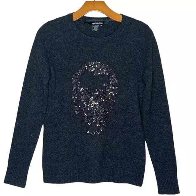 Bloomingdale’s Quotation Wool Cashmere Sequin Skull Sweater Gray Size XS