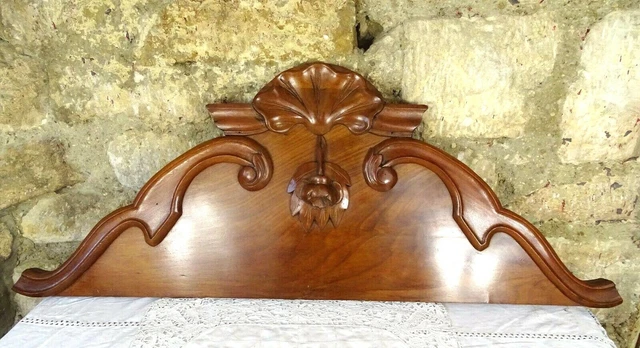 35.5" Antique French Hand Carved Walnut Wood Pediment - Crest - Flower