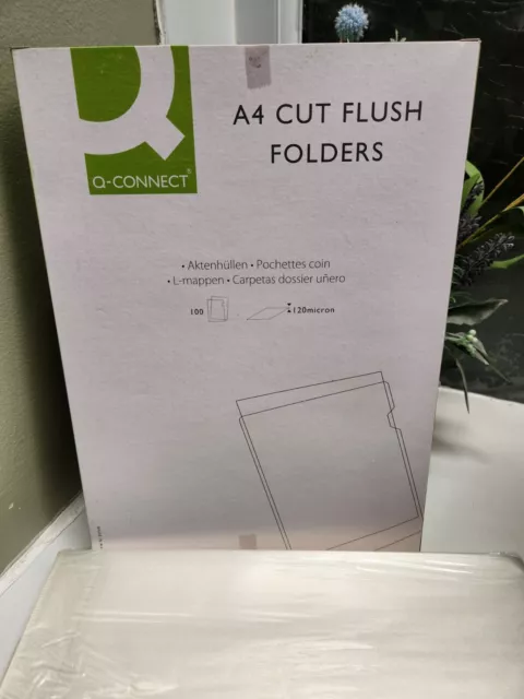 Q - Connect Boxed Pack of 100 X A4 Clear Cut Flush Folders Bnib 120 Micron