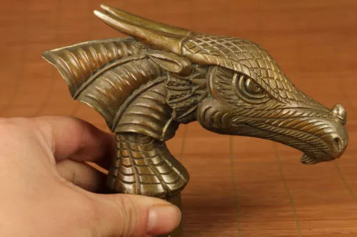 Old bronze Dragon carving Dinosaur statue figure Walking stick head statue A55