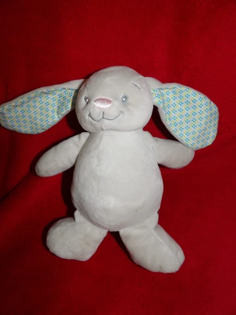 Doudou Peluche  LUC ET LEA Lapin Gris Oreille Imprimée Bleu Jaune