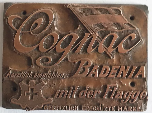 Antiker Buchdruck Klischee / Cliché - Cognac Badenia - in Kupfer um 1900