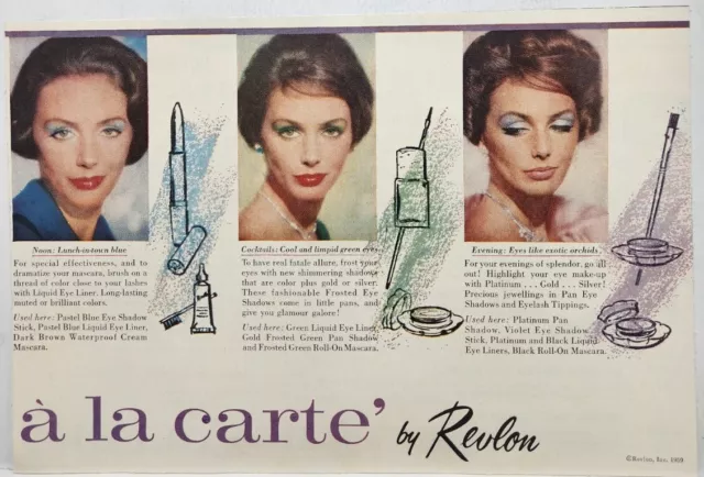 1959 Revlon Cosmetics Mascara Eye Liner Shadow MCM Vintage Print Ad Art Deco