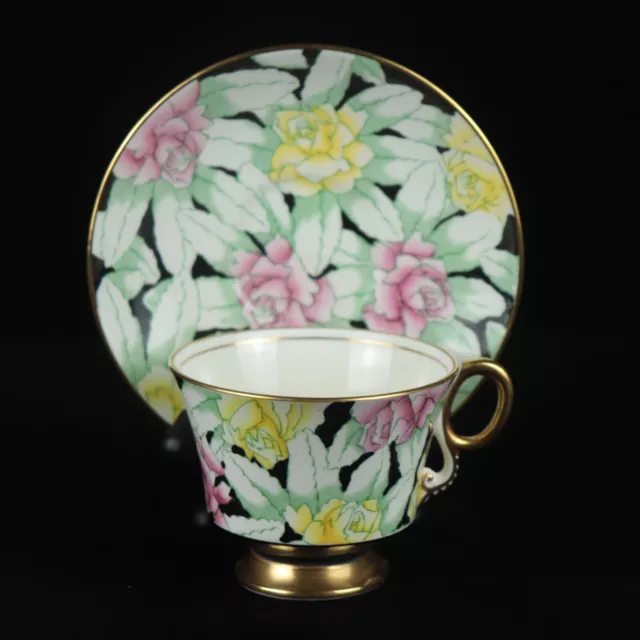 ADDERLEY Bone China Footed Teacup & Saucer Set Pink Yellow Flowers on Black 3