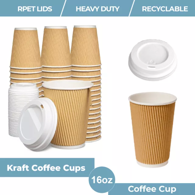 4/8/12/16oz Insulated Ripple Disposable Cup Paper Coffee Brown Cups / White Lids