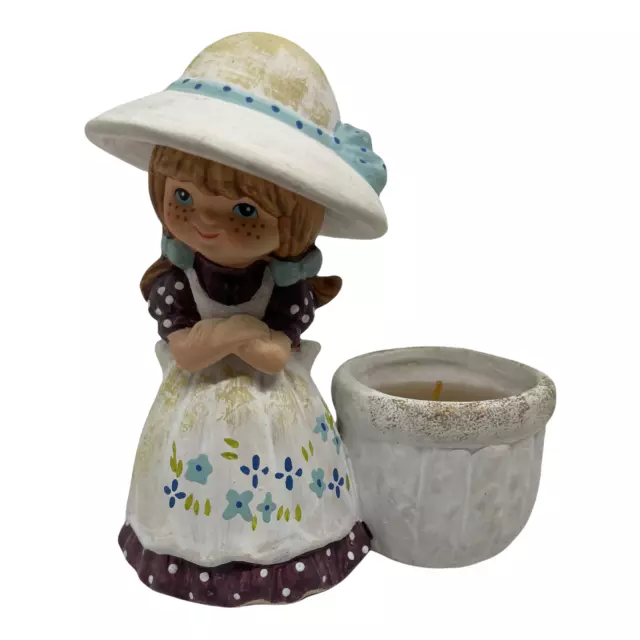 Vintage 1980s Bisque Porcelain Girl Figurine with Candle Holder Country Farm Hat
