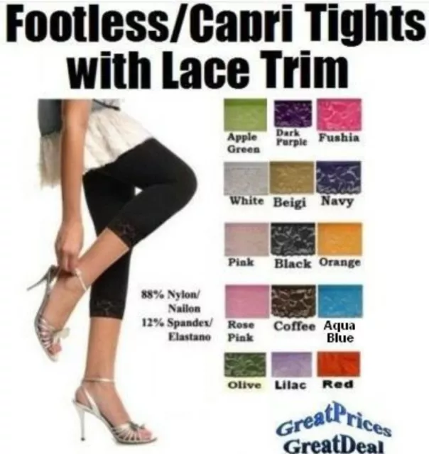 LADIES FOOTLESS TIGHT/CAPRI LEGGINGS With Lace Trim Angelina One Size  $19.99 - PicClick