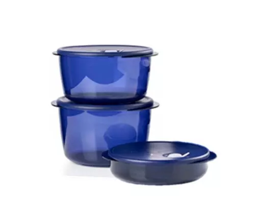 3 Tupperware Vent N Serve 12, 8, 3 Cups Deep Round Indigo Blue Set Of Three New