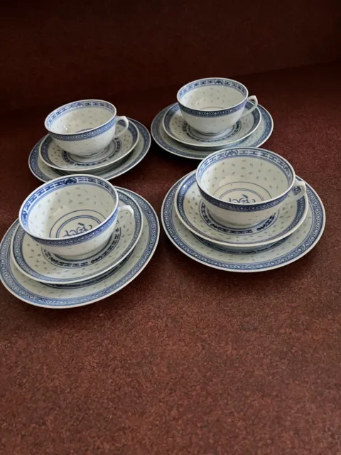 chinese porcelain 4 x trio tea cup & saucer plate sets rice pattern square stamp