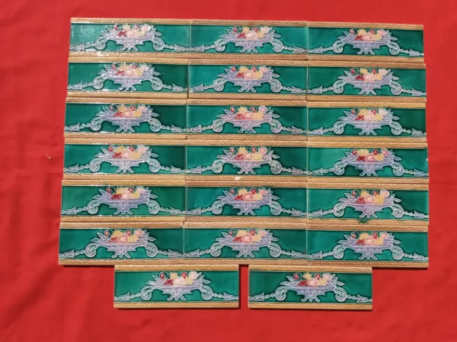 20 Pieces Lot Art Deco Floral Design Embossed Majolica Ceramic Tiles Japan 0301