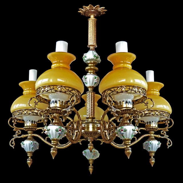 Antique French Victorian 5 Light Chandelier/Porcelain//Bronze/Yellow Glass Shad