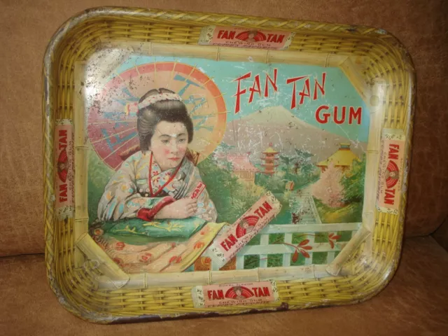 Antique Super Rare Metal Fan Tan Chewing Gum Sign Tray Early 1900'S Era!