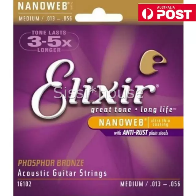 Elixir Nanoweb 13-56 Phosphor Bronze Acoustic GUITAR STRINGS Set Medium 16102