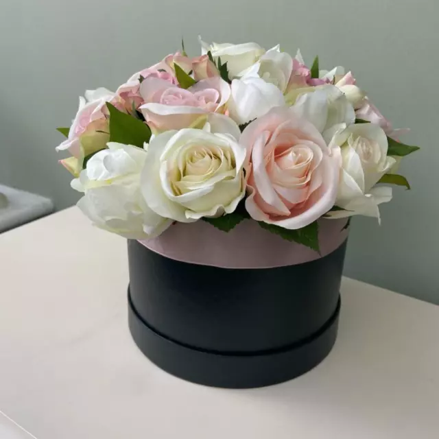 Large Artificial Silk Flower Hat Box Arrangement Vintage Pink Roses with Peonies