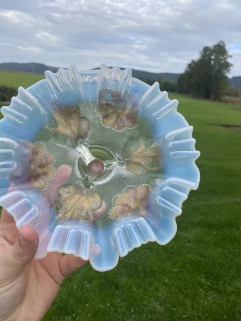 ThriftCHI ~ Dugan Daisy & Plume White Opalescent Goofus Glass Bowl