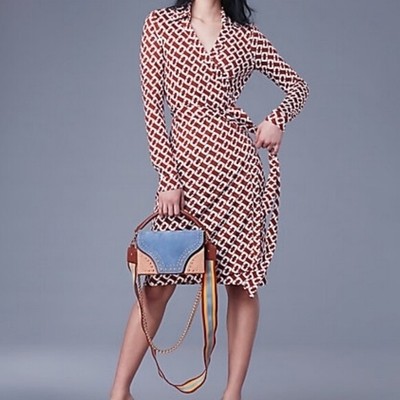 0 2 $578 Diane Von Furstenberg Jeanne Two Sienna Chain Link Silk Wrap Dress ~