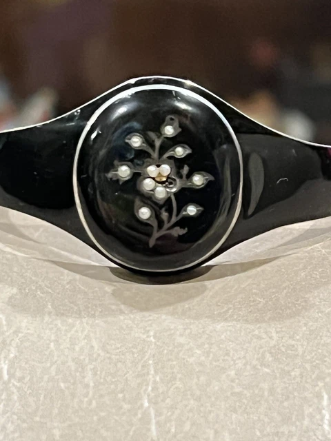 Antique Victorian Black Enamel Pearl Silver Metal Mourning Bracelet /Locket Antique Victorian Black Enamel Pearl Silver Metal Mourning Bracelet /Locket