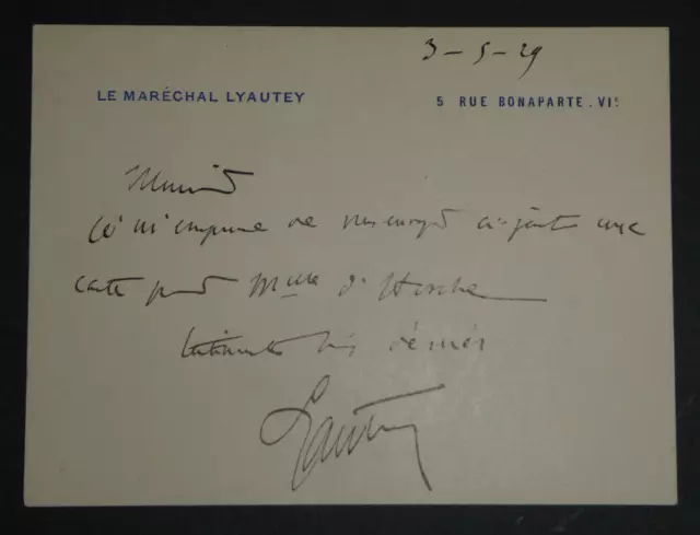 Maréchal Hubert LYAUTEY - Carte Lettre Autographe Signée, 1929