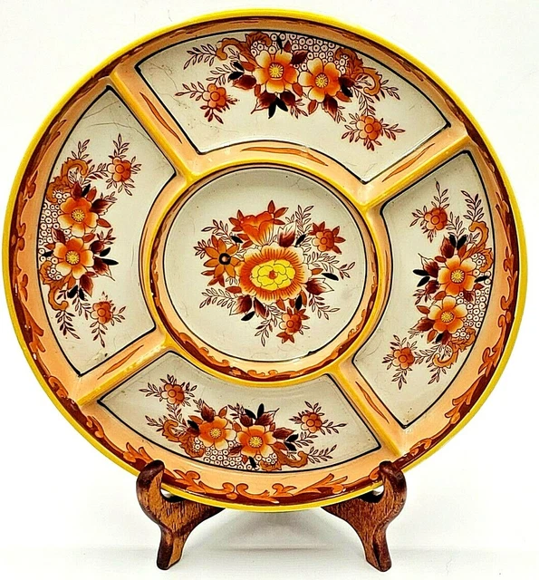 MORIYAMA Mori-Machi 5 Section Relish Dish Orange Floral Hand Painted 1920s Japan