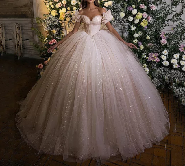 Princess Wedding Dresses Corset Sweetheart Neck Glitter Tulle Bride Gowns Train