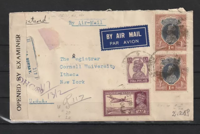 Indien Luftpost Zensur R-Brief Colaba Bombay nach Ithaca/New York, 1945 #1093900