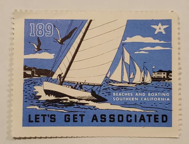 #189 Beaches & Boating, California - Let’s Get Associated - 1938 Poster Stamp