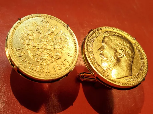 1897 Gold Imperial Russian Eagle Tsar Nicholas Russia 15 Roubles Coin Cufflinks!