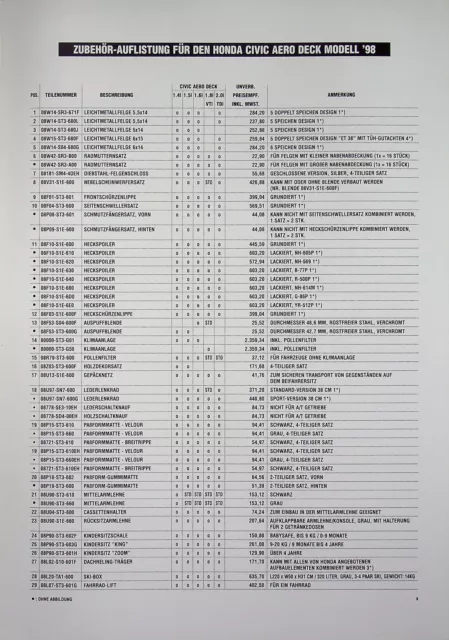 266387) Honda Civic Aero Deck - Zubehör Preisliste - Prospekt 04/1998