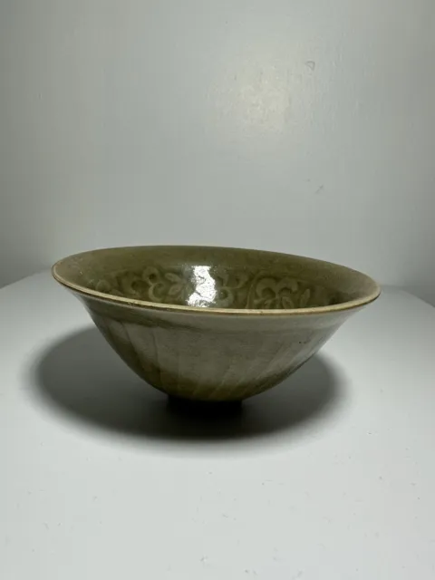 4.3inch Chinese Song Porcelain Yao State Kiln Green Glaze Flower Bird Bowl